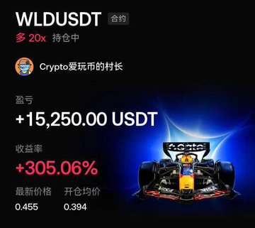 A cryptocurrency trading screenshot showing a WLDUSDT contract position with 20x leverage held by 'Crypto爱玩币的村长', displaying a profit of +15,250.00 USDT, a return rate of +305.06%, with the latest price at 0.455 and opening price at 0.394.