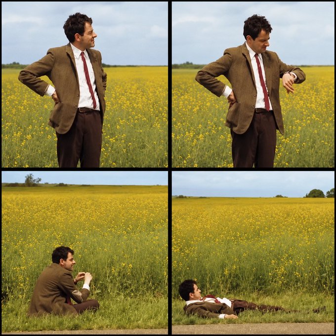 A four-panel photo sequence in a field of yellow flowers showing a man in a brown suit and red tie progressively sitting down and lying flat on his back in the grass.