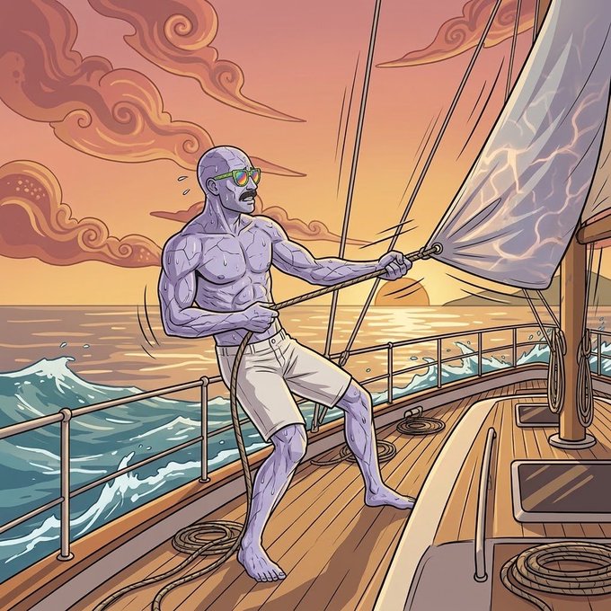 An illustrated scene depicts a muscular, purple, scale-textured man wearing sunglasses and shorts pulling a rope on a sailboat during a vibrant sunset.
