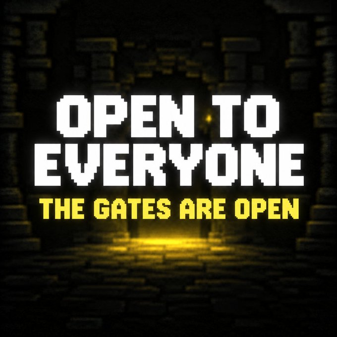 A pixel-art dungeon with a glowing archway displays the text "OPEN TO EVERYONE / THE GATES ARE OPEN," symbolizing Valthera's new accessibility to all players without the 10,000 $VALTH requirement.