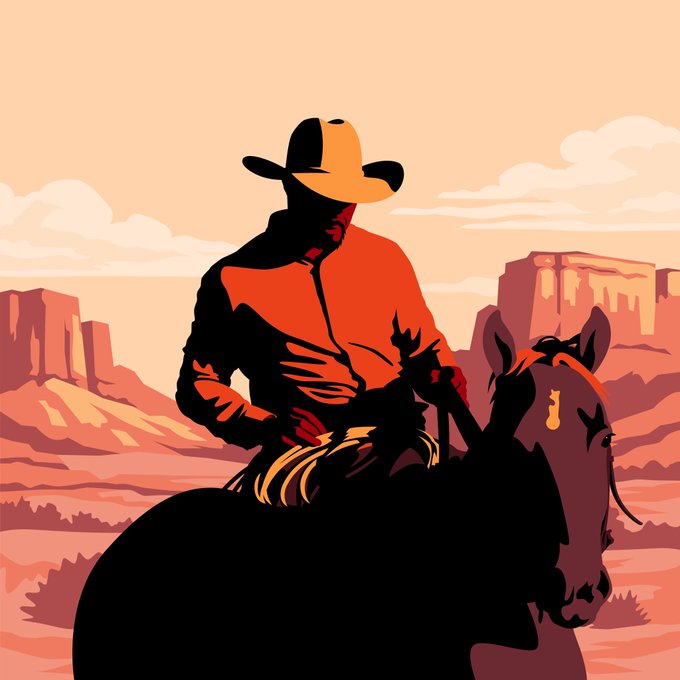 A stylized silhouette artwork of a cowboy in an orange shirt and tan hat sitting on horseback, set against a desert landscape with mesa formations in warm sunset tones.