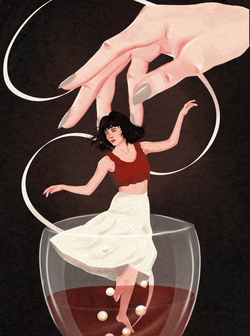 A surreal illustration depicts a woman in a red crop top and white skirt dancing inside a glass filled with red liquid and pearls, controlled by a giant hand above.
