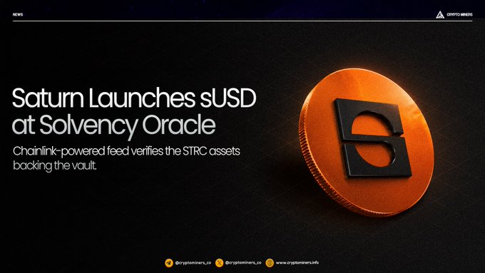 The image shows a coin with an orange circle and black letter "S" on it, which appears to be a promotional poster for a new cryptocurrency called "Saturn Launches SUSD at Solvency Oracle". The coin has been launched by a company named "Saturn Launches SUSD", and they have backed the tokenized wrapper with their own vault. This means that the tokenized wrapper is backed by a secure offchain asset, which can be used to verify the solvency of the tokenized wrapper itself. The image also includes text that reads: "Chainsink powered feeds the STRC assets backing the tokenized wrapper", indicating how the coin works and what it does.