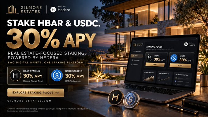 An advertisement for Gilmore Estates offering 'STAKE HBAR & USDC' with '30% APY' for real estate-focused staking, featuring a laptop displaying the staking pools interface.