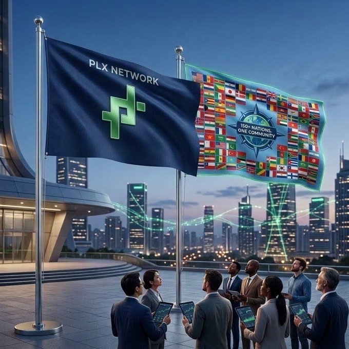 A diverse group of professionals stands before a city skyline, holding tablets as they gaze up at two large flags—one displaying the "PLX NETWORK" logo and another featuring flags from 150+ nations around the inscription "ONE NATIONS, ONE COMMUNITY," visually reinforcing the message of worldwide miners united under a single token and shared vision.