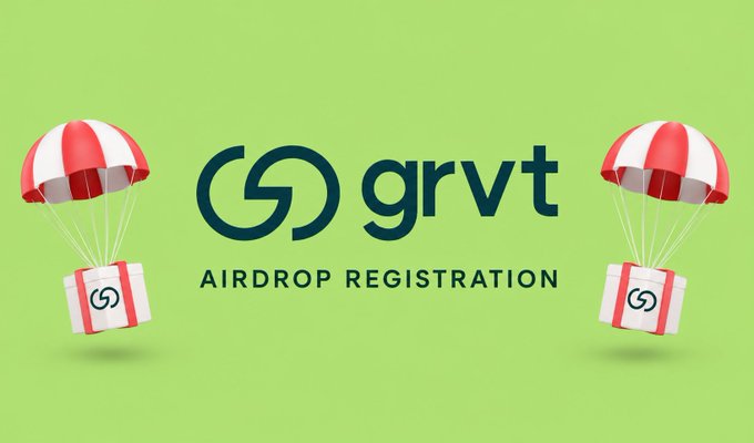 Promotional graphic for 'grvt' featuring the GRVT logo and 'AIRDROP REGISTRATION' text on a light green background, flanked by two red and white parachutes delivering gift boxes with the GRVT logo.