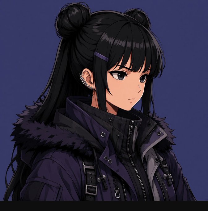 An anime-style illustration of a girl with black hair styled in twin buns, wearing a dark purple jacket with a fur-trimmed hood against a blue background.