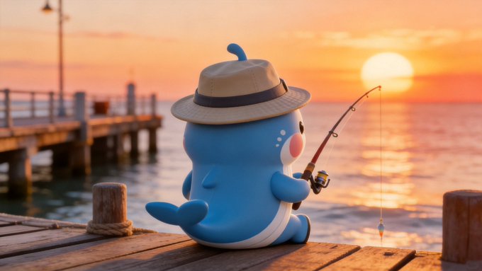 A cute blue cartoon mascot wearing a tan safari hat sits on a wooden dock fishing at sunset with a pier in the background. The peaceful, patient scene of leisurely fishing from a dock visually echoes the post's theme of steady, everyday financial management—suggesting that consistent yield strategies (like EURC vaults lending USDC for daily use) work best when approached calmly over time rather than chasing dramatic returns.