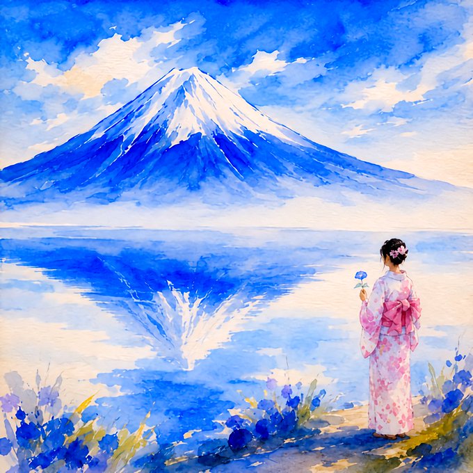 A watercolor painting depicting a woman in a pink floral kimono holding a blue flower, gazing out at a snow-capped Mount Fuji reflected in a serene blue lake.