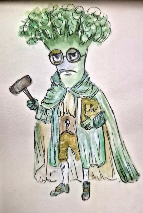 A whimsical watercolor and ink illustration depicts a green broccoli-headed character wearing round glasses and a green cloak, holding a wooden mallet in one hand and a book labeled "AV" in the other.