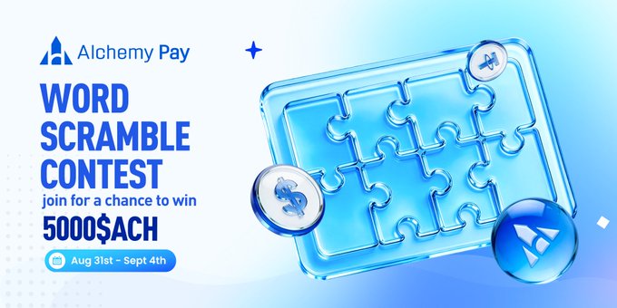 This promotional image features an "Alchemy Pay Word Scramble Contest" with 5,000 $ACH prize pool, running from August 31st to September 4th. The headline reads "join for a chance to win 5000$ACH" alongside the Alchemy Pay logo and a stylized puzzle graphic with scrambled letter tiles [A] [O] [P] [M] [N] [R]—the exact tiles in the caption that players must rearrange to spell a crypto term.
