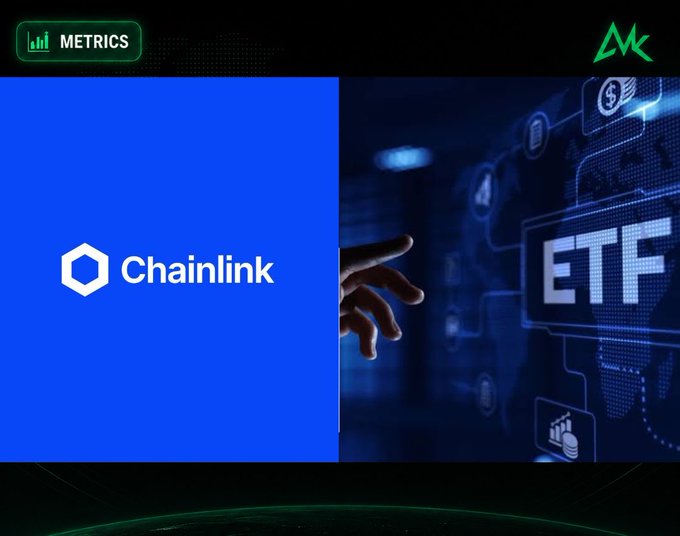 A graphic featuring the 'Chainlink' logo on a blue background on the left, alongside a dark image of a hand reaching toward a digital 'ETF' display, with a 'METRICS' badge in the top left.