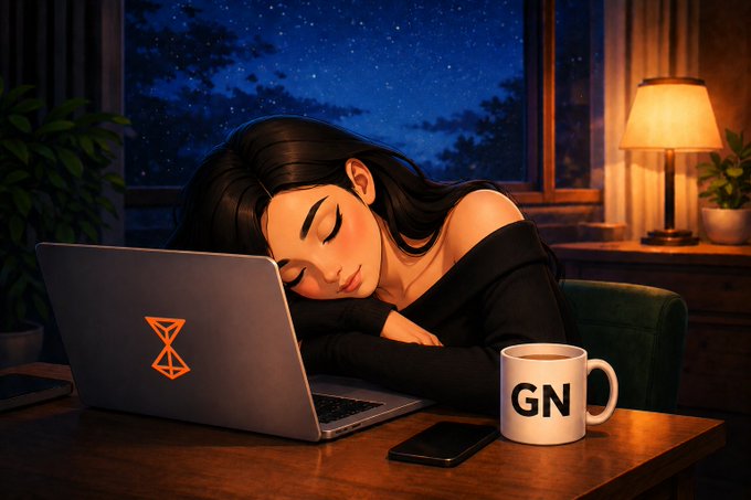 Anime-style illustration of a woman resting her head on a desk next to an open laptop with an orange logo, a coffee mug labeled 'GN', and a phone, with a starry night sky visible through the window.