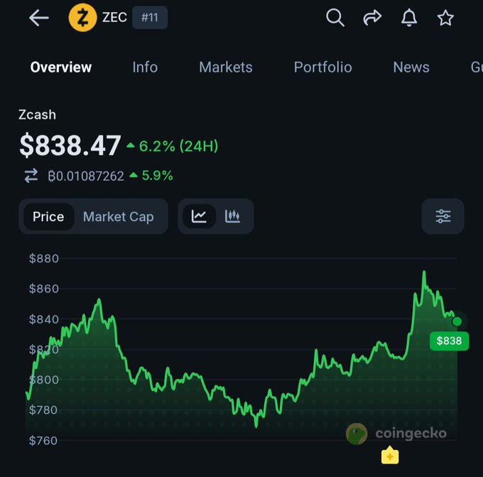 A CoinGecko mobile app screenshot showing Zcash (ZEC) at a price of $838.47, up 6.2% in 24H, with a green line chart displaying price fluctuations.