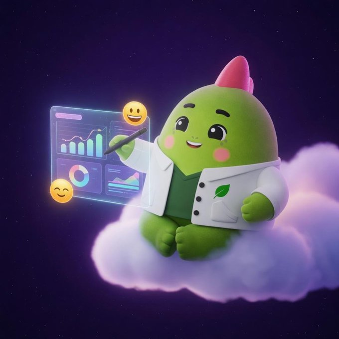 A cartoon green frog character holding a pen and pointing at a screen displaying data, with an accompanying rainbow background.