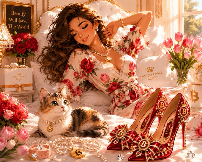 An AI-generated illustration of a woman in a floral robe surrounded by luxury items including Bitcoin-embellished red high heels, a cat with a Bitcoin medallion, and a sign reading 'Beauty Will Save The World'.