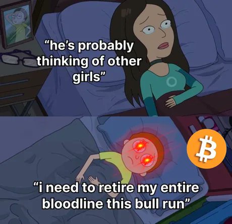 A two-panel meme using characters from Bob's Burgers showing a girl thinking 'he's probably thinking of other girls' while a boy next to her has glowing red Bitcoin eyes and thinks 'i need to retire my entire bloodline this bull run'.