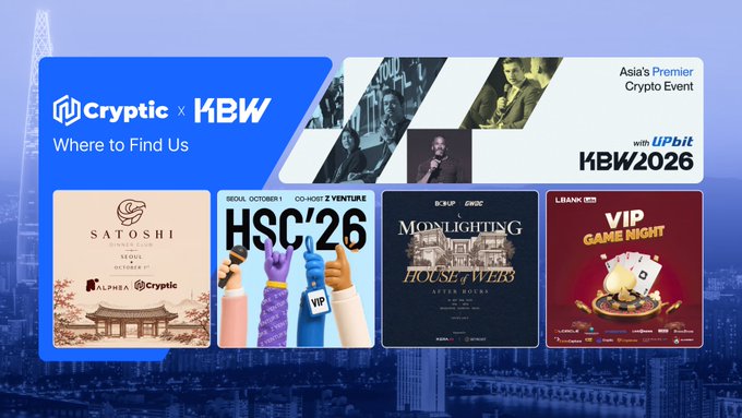 A promotional graphic from Cryptic Studios highlighting their participation in KBW2026 (Asia's Premier Crypto Event) in Seoul, listing event cards for Satoshi Dinner Club, HSC'26, Moonlighting After Hours at House of Web3, and a LBank VIP Game Night. The image directly supports the post by visually showcasing the partner-hosted events Cryptic will be attending throughout the week.