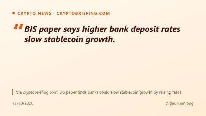 A crypto news card from cryptobriefing.com quoting 'BIS paper says higher bank deposit rates slow stablecoin growth,' dated 17/10/2026 and credited to @tieunhanlong.