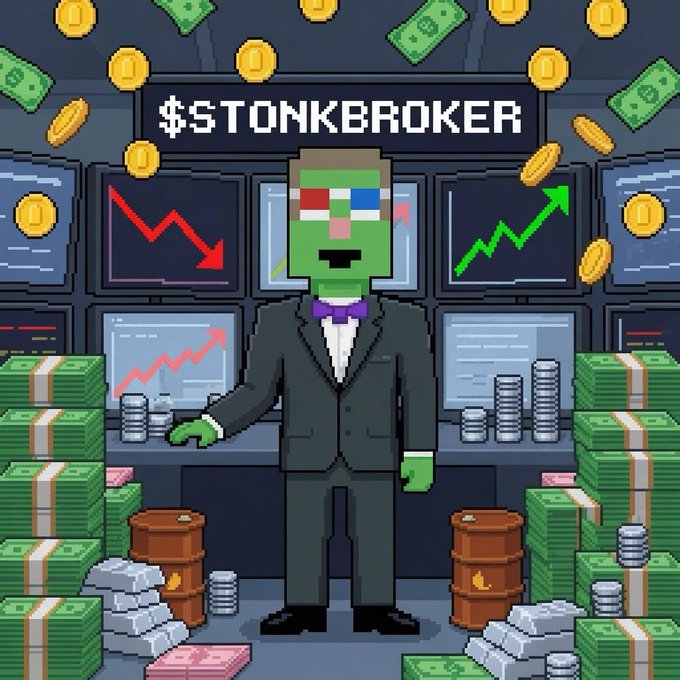 A pixel art illustration of a green Pepe character in a suit and 3D glasses standing in front of stock charts under the banner "$TONKBROKER," surrounded by piles of cash, gold coins, and barrels.