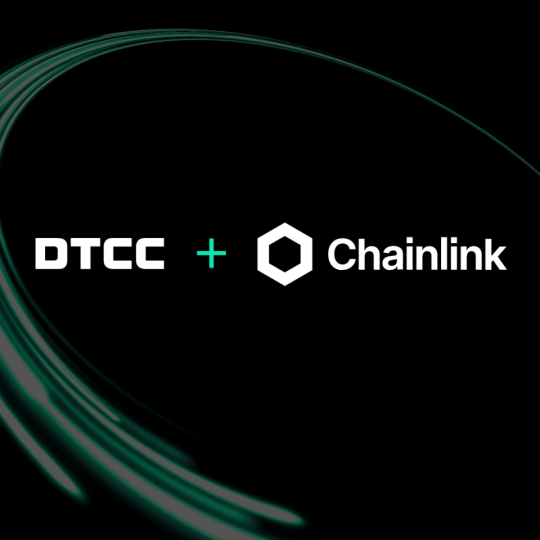 The image displays the logos "DTCC" and "Chainlink" connected by a plus sign against a dark background with flowing teal light streaks, visually representing a partnership between the two companies. This graphic accompanies the announcement of a collaboration between DTCC (Depository Trust & Clearing Corporation) and Chainlink, suggesting a significant milestone in capital markets infrastructure involving blockchain technology.
