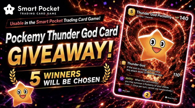 Promotional giveaway banner for the Smart Pocket Trading Card Game featuring the "Thunder God Pockemy" card (HP 140, #PKC-007), advertising 5 winners and asking for SOL wallet addresses in the replies.
