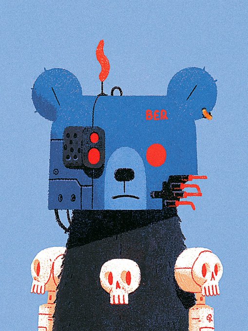 A pixel-art illustration of a blue robotic bear-like figure with red mechanical details, a single red flame on top of its head, and four small white skulls lined up across its black body against a blue background.
