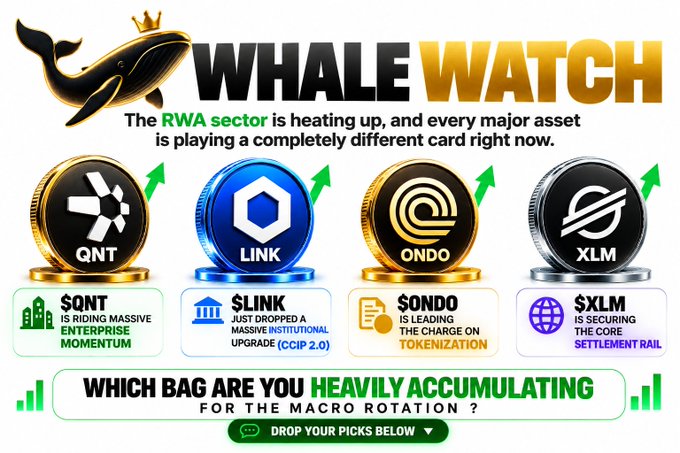 The image is a "WHALE WATCH" infographic highlighting four major RWA sector cryptocurrencies—$QNT, $LINK, $ONDO, and $XLM—each represented by a coin with an upward green arrow, illustrating their respective catalysts: QNT riding enterprise momentum, LINK's institutional CCIP 2.0 upgrade, ONDO leading in tokenization, and XLM securing the settlement rail. It matches the post by visually showcasing the same RWA rotation narrative with the prompt "Which bag are you heavily accumulating for the macro rotation?"