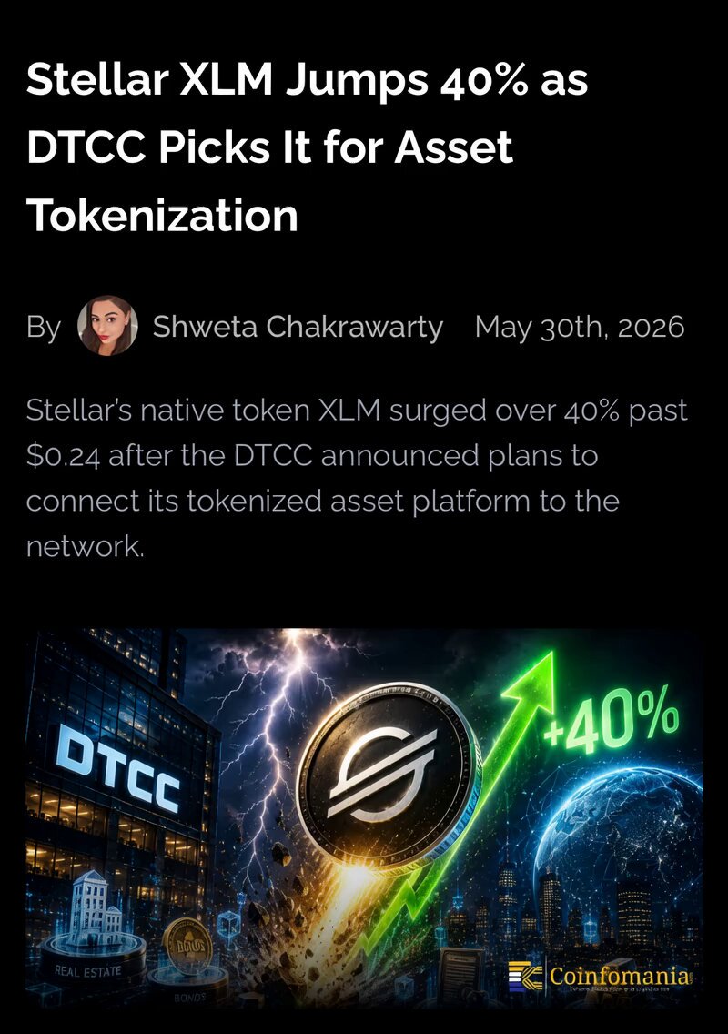 In the image, there's a poster featuring a city skyline with a prominent "XLM" logo prominently displayed at the bottom center, along with the text that says "Stellar XLM jumps 40% as DTCP picks it for Asset tokenization". The poster also includes an infographic that displays a cityscape with buildings and a sunburst pattern. Above the image, there is a short caption below the title of the post which refers to a video about trading Bitcoin or other digital assets.