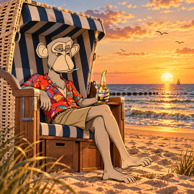 A cartoon illustration of a monkey wearing a red floral Hawaiian shirt, sitting in a striped beach chair, smoking a cigarette, and holding a bottle of Corona beer while overlooking the ocean at sunset.