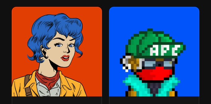 Two digital profile pictures are shown side-by-side: one is a comic-style pop art portrait of a woman with blue hair on an orange background, and the other is a pixelated ape character wearing a green hat with 'APE' on it against a blue background.