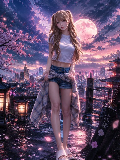An anime-style digital illustration of a girl with long blonde hair in pigtails wearing a white top and denim shorts, standing against a night cityscape with a large pink moon, cherry blossoms, and Japanese lanterns.