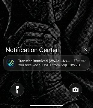 A Notification Center screen displays a "Transfer Received" alert for 9 USDT from a truncated sender address, sent 27 minutes ago, with flashlight and camera icons below. The image illustrates the post's claim about how PayBox streamlines crypto transactions by delivering a simple notification confirming a completed USDT transfer without requiring complex app navigation.