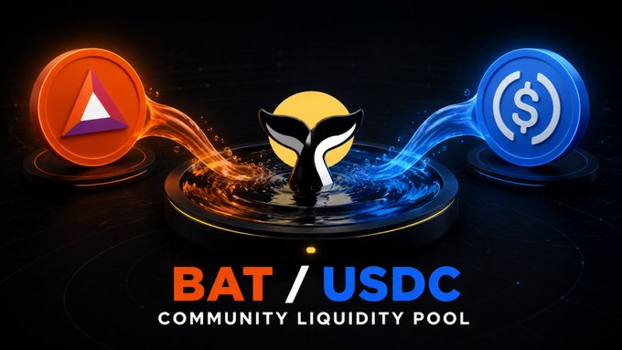 Promotional graphic for the 'BAT / USDC Community Liquidity Pool', showing the BAT and USDC tokens flowing into a central emblem against a dark background.