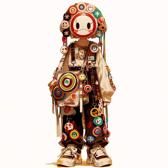 A colorful illustration of a character wearing an elaborate outfit covered in various circular charms, smiley faces, and buttons, with a round white mask-like face.