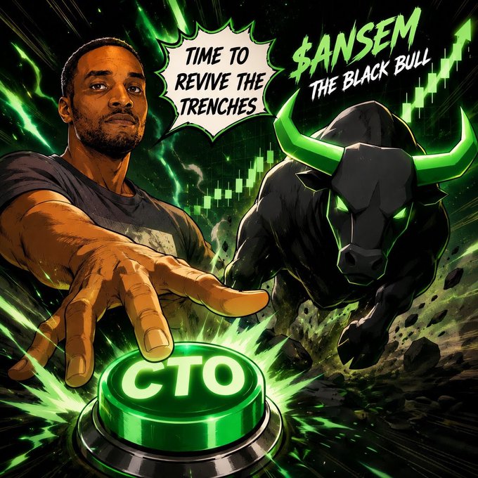 A crypto promotional graphic showing a man with the speech bubble 'TIME TO REVIVE THE TRENCHES', alongside a black bull and the text '$ANSEM THE BLACK BULL', with a glowing CTO button in the foreground.