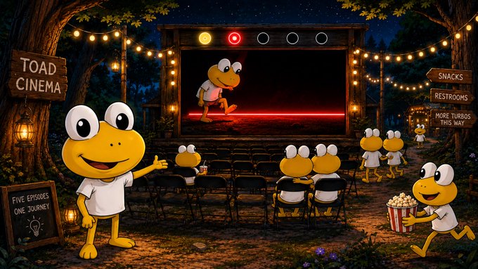 A whimsical digital illustration of 'TOAD CINEMA' showing cartoon frogs watching a movie under string lights in a forest setting, with signs for snacks, restrooms, and five episodes.