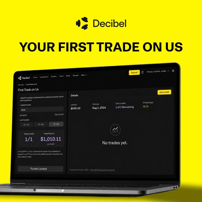 The image shows a laptop displaying the Decibel trading platform with a "Your First Trade on Us" promotion, highlighting $595 in locked credits, a trading position of $1,010.11 per credit, and unlocking on Aug 1, 2026. This visual reinforces the post's message about Decibel's 24/7 onchain trading experience built on Aptos, showcasing the platform's promotional campaign to attract new traders.