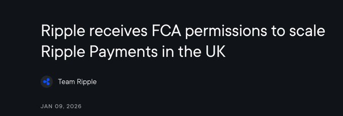 The image is a dark-themed announcement card reading "Ripple receives FCA permissions to scale Ripple Payments in the UK" by Team Ripple, dated JAN 09, 2026. It relates to the post by signaling the UK regulatory approval that backs the bullish XRP prediction of reaching $2,000.