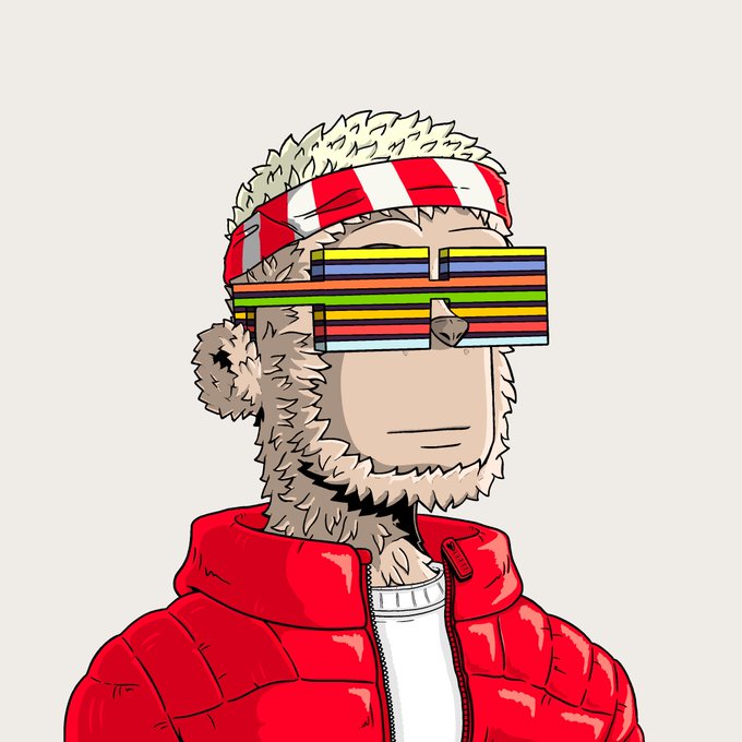 A cartoon illustration of a bearded man wearing a red puffer jacket, a red and white striped headband, and sunglasses with rainbow-colored slats.