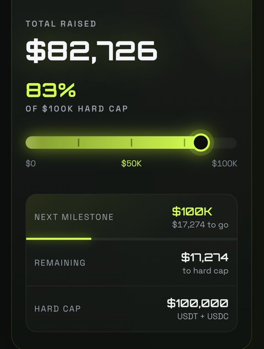 A dark dashboard displays fundraising progress with $82,726 total raised, 83% of a $100K hard cap in USDT + USDC.