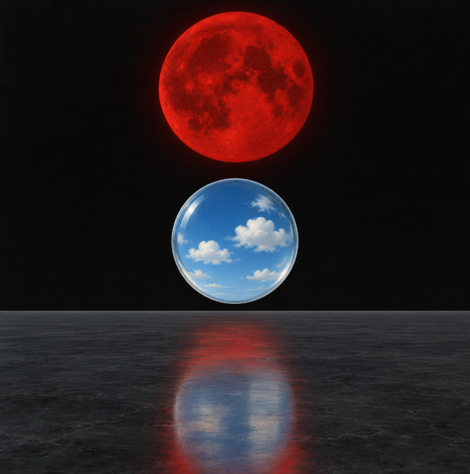 A surreal scene featuring a large red blood moon above a transparent sphere containing a blue sky with clouds, both reflected on a dark, wet surface.
