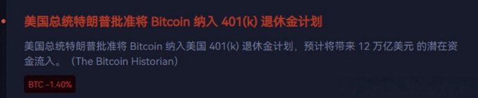A Chinese-language news ticker headlines that U.S. President Trump approved adding Bitcoin to 401(k) retirement plans, projecting $1.2 trillion in potential inflows, yet BTC is shown down 1.40%—highlighting the irony raised in the post that this major bullish catalyst failed to lift Bitcoin's price.