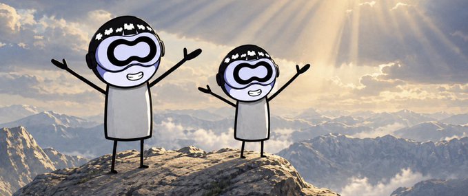 Two simple cartoon figures with goggles stand on a rocky mountain peak with their arms raised against a backdrop of clouds and sunlight.