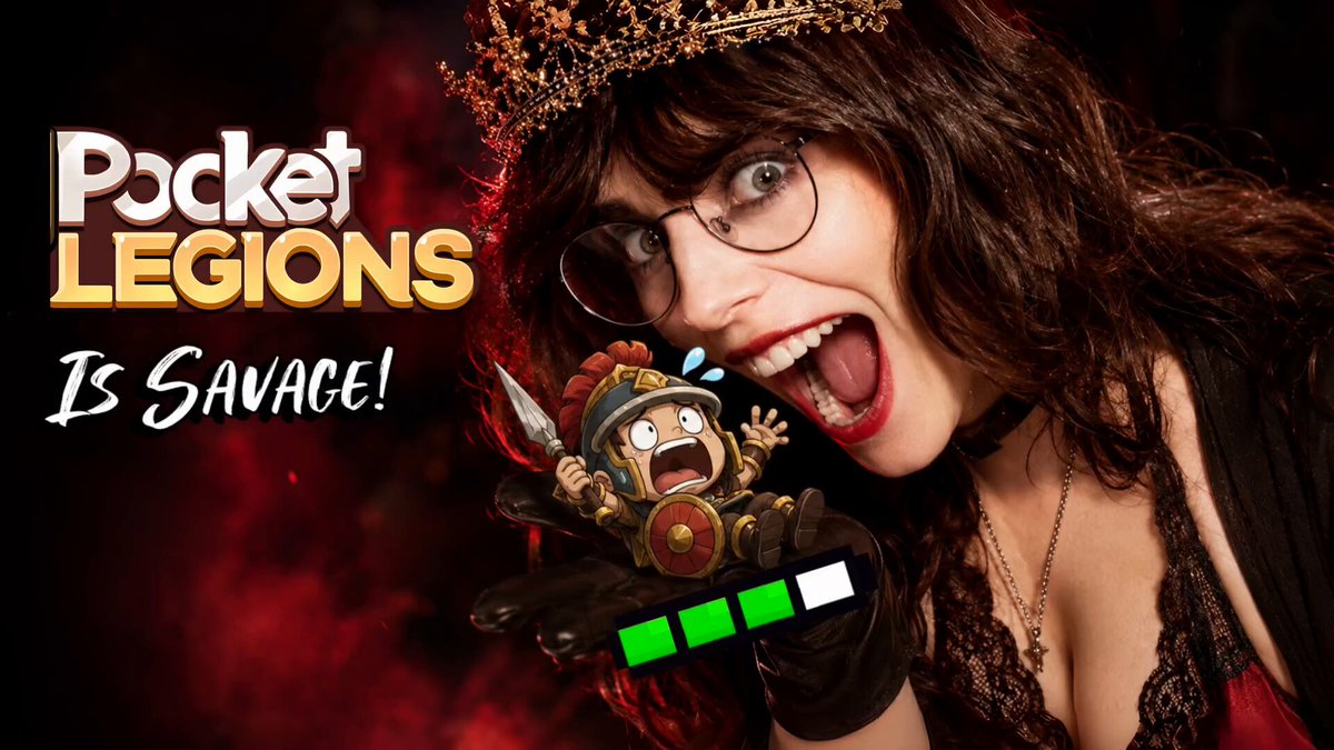 The image features a woman wearing glasses and a crown with her mouth open wide as if she's shouting or making a funny face. The background of the image is dark, which contrasts with the bright colors used for the text and the woman's outfit. The text on the image reads "Pocket Legends is SAVAGE! Late-game PvP turns into full-on medieval politics. You can plunder players' cities or pay stronger Lords to protect yours. Add a 2,500 $MINT pool and this is going to get SAVAGE I expect tribute, boys."