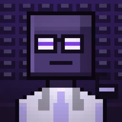 A pixel-art character with a dark purple rectangular head, wearing white and purple sunglasses and a lab coat, stands against a purple grid background.