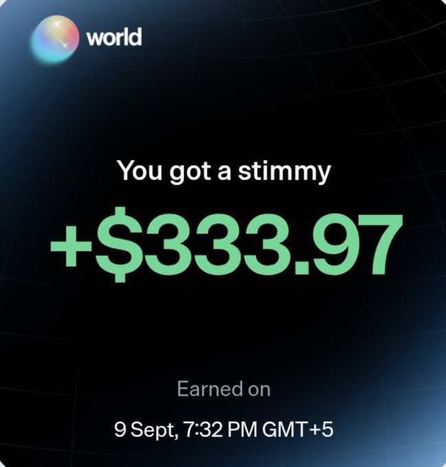 A notification from World ("world") showing a stimulus reward of +$333.97 earned on September 9 at 7:32 PM GMT+5, matching the post's celebration of receiving a $333 "stimmy" from @world_xyz.