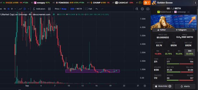 DexScreener chart showing Golden Goose (GG/WETH) meme token with massive early pump to ~7,000 followed by sharp decline, displaying market cap $921K, liquidity $3.7K, and strong buy/sell ratios.