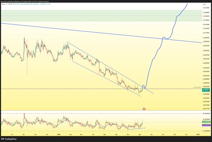 A TradingView chart displays technical analysis of a financial asset (possibly Cardano/ADA), showing a falling wedge pattern breakout with a sharp upward price movement projected in a blue line.