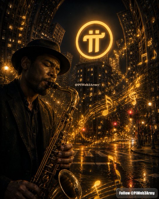 A jazz musician in a hat plays saxophone on a nighttime city street with a glowing Pi Network logo in the sky, musical notes floating around, and watermarks reading '@PiWeb3Army' and 'Follow @PiWeb3Army'.